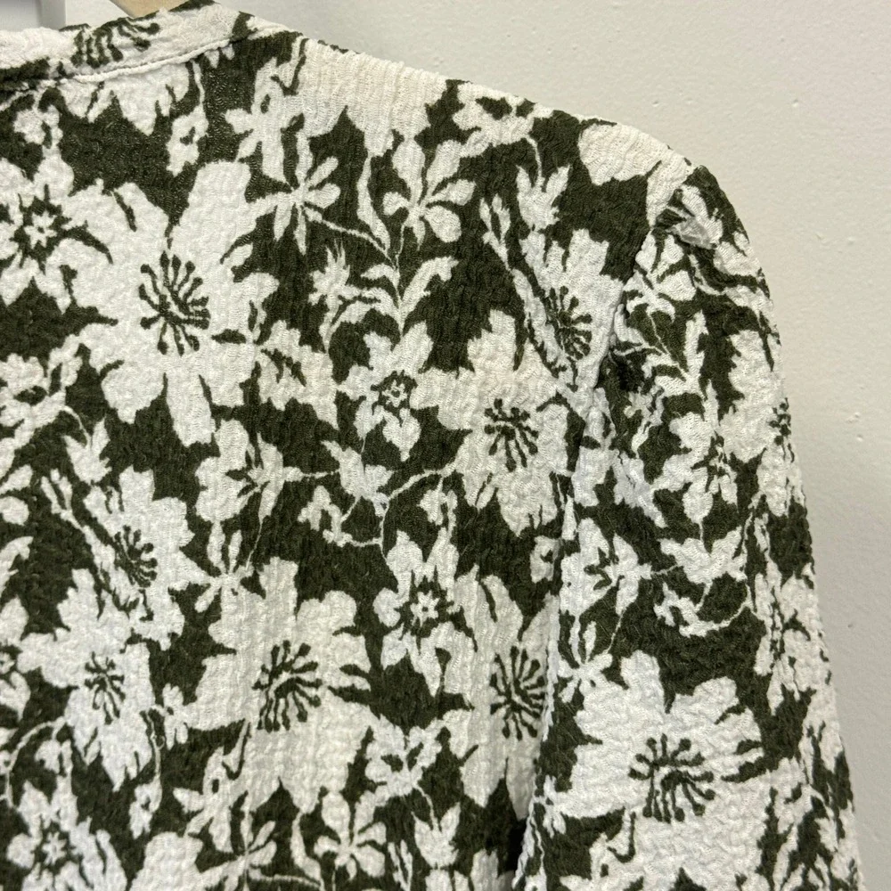 LOFT Olive Green White Floral Textured Tie Front Puff Sleeve Blouse XXL Boxy